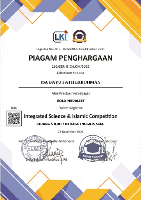 Piagam Gold Medal Bahasa Inggris LKI